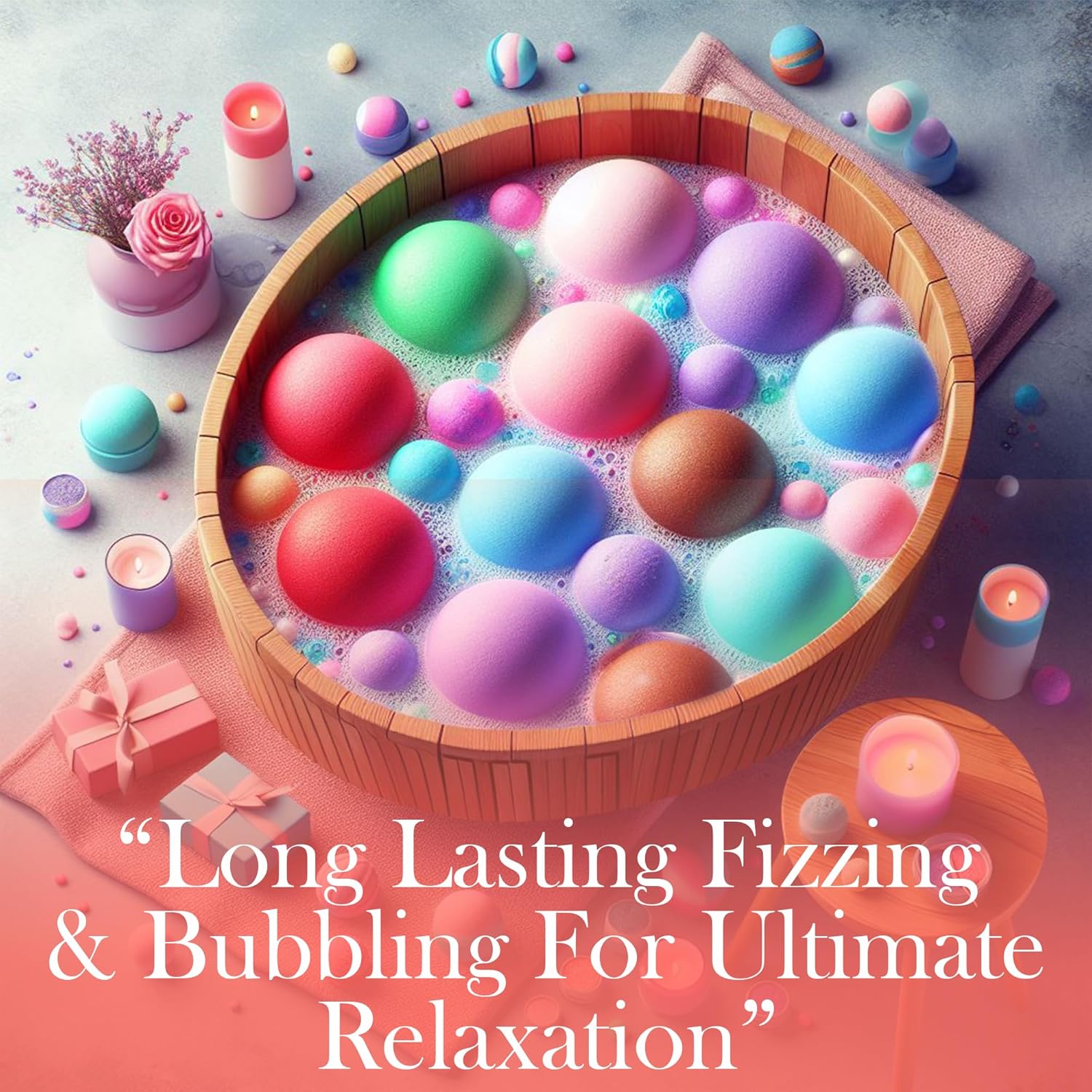 Colorful bath bombs in a wooden basket with candles 