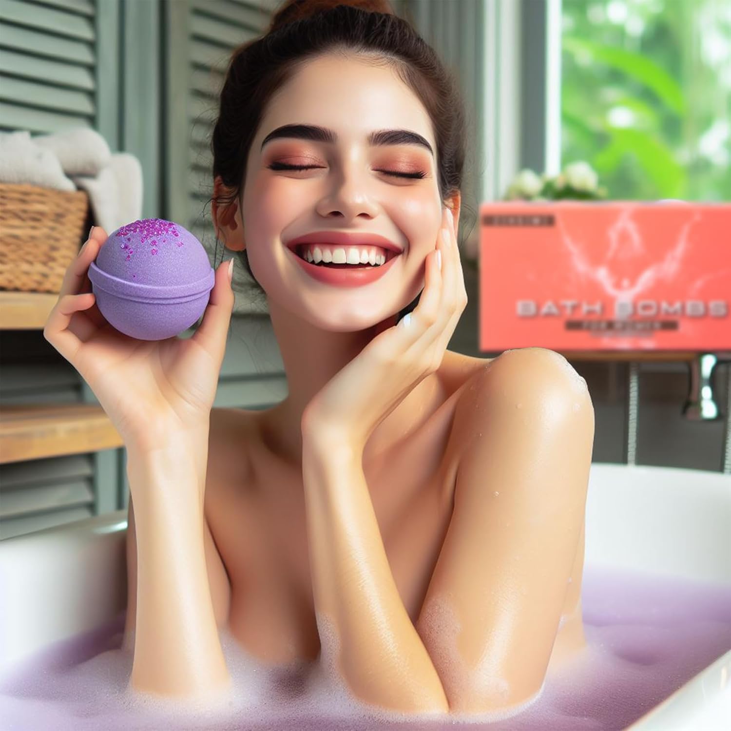 Woman in a bathtub holding a purple bath bomb 