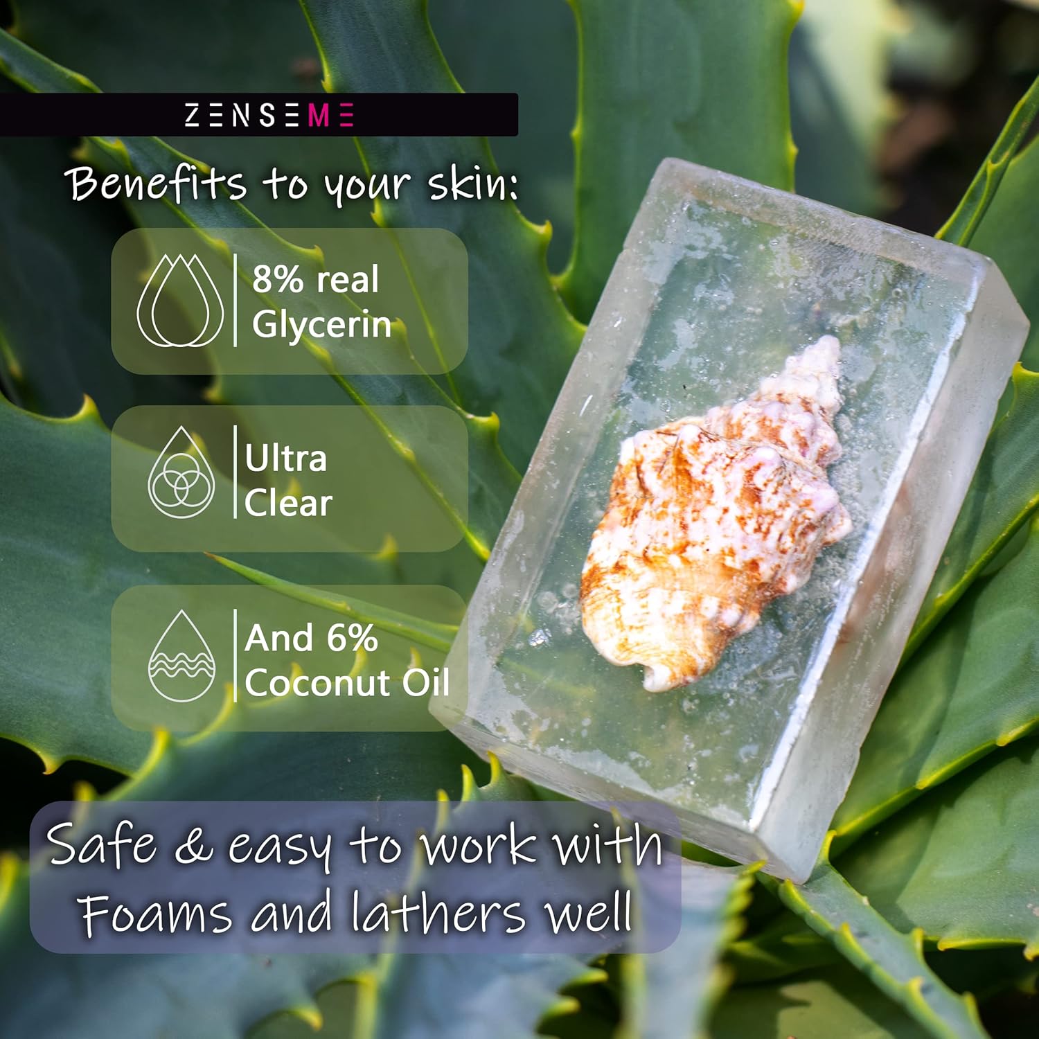 Product with text highlighting benefits on a green leaf background