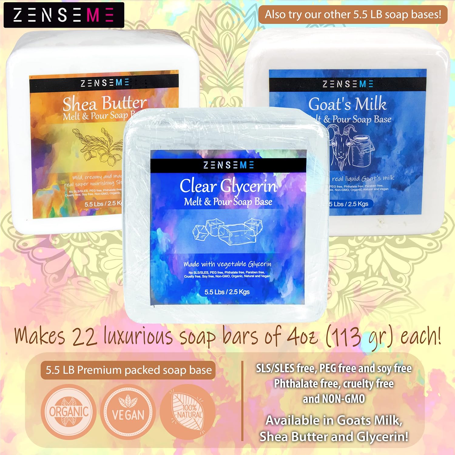 ZENSEME soap base packaging with text on a decorative background