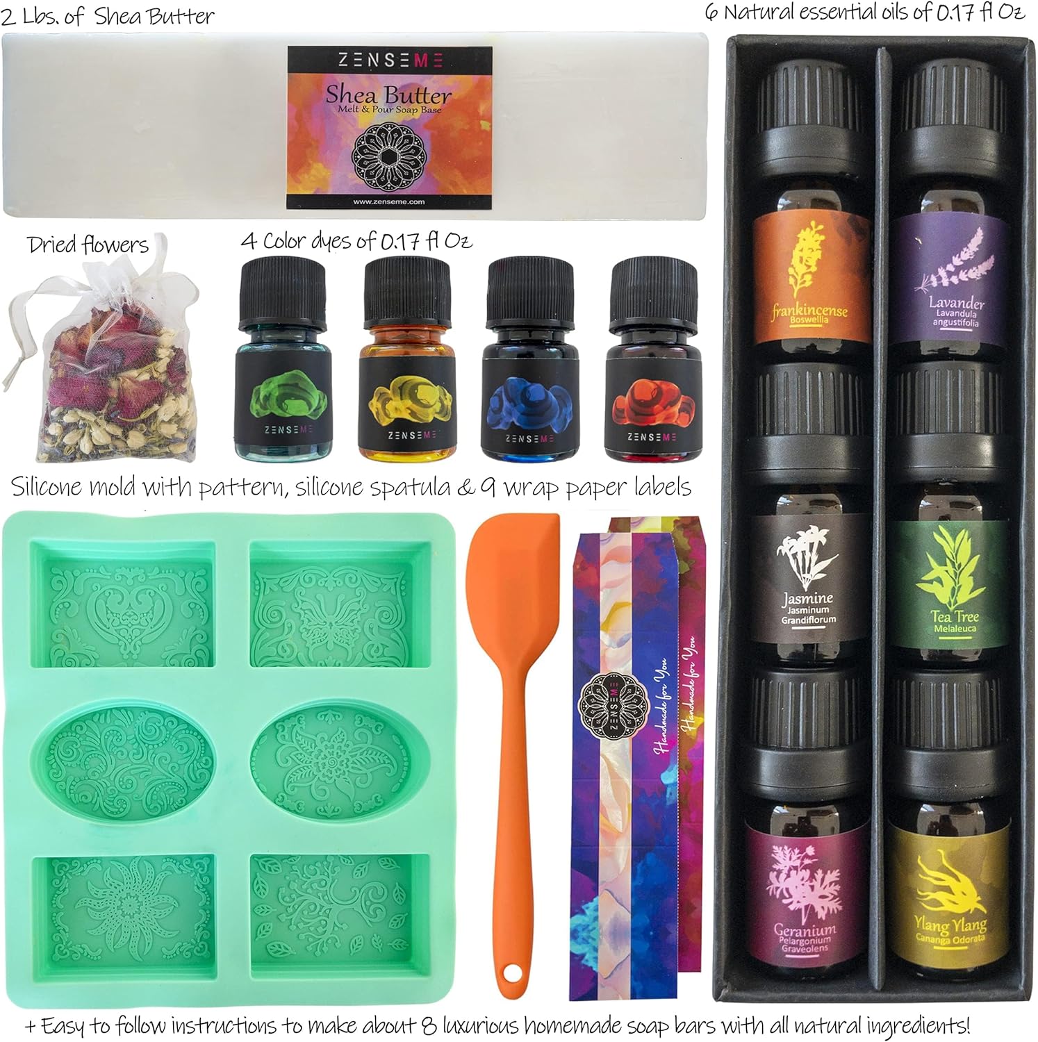 Collection of natural ingredients and tools for soap making, including shea butter, essential oils, and silicone molds.