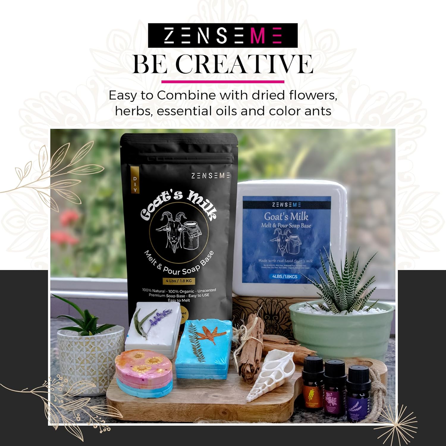 Zenseme products including soap bars and essential oils with a blurred outdoor background.