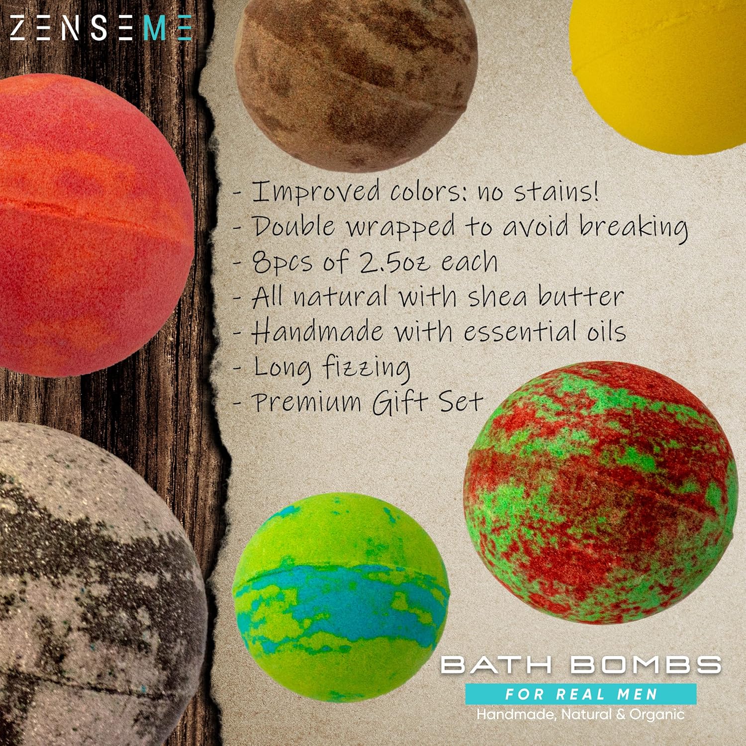 Bath bombs with various colors and textures featuring ZENSEME branding.