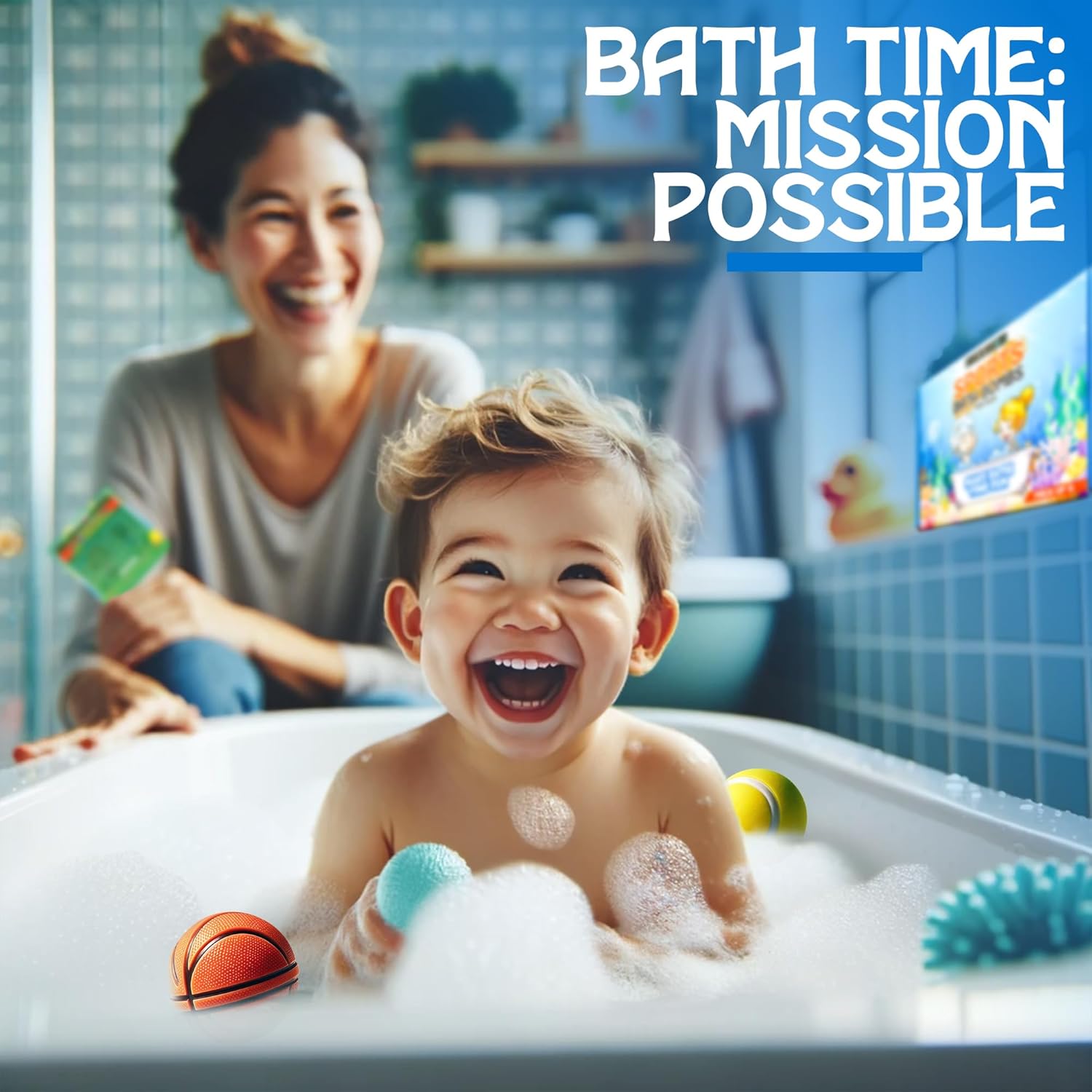 Child in a bathtub with toys Bath Time: Mission Possible