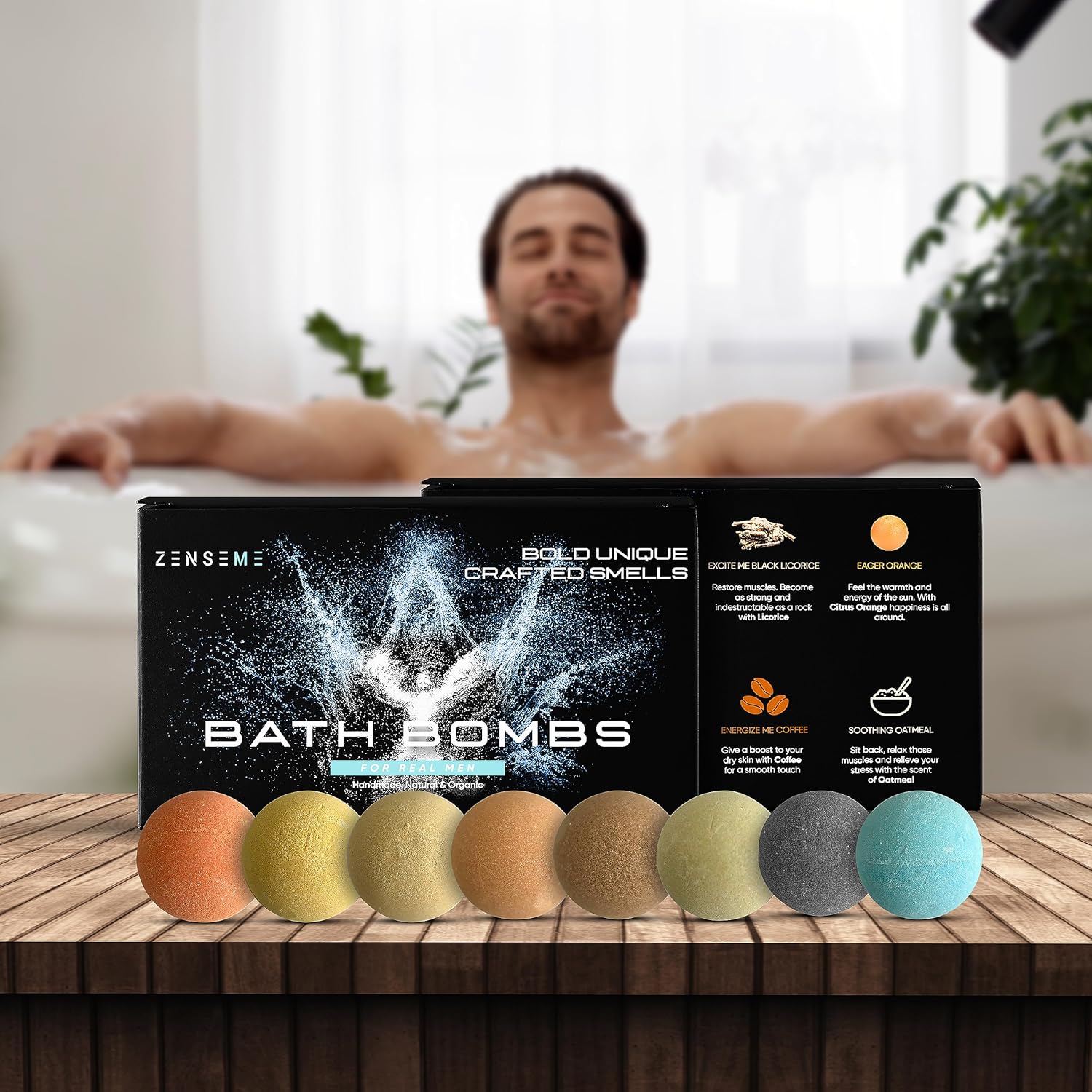 Zenseme bath bombs with a man relaxing in the background
