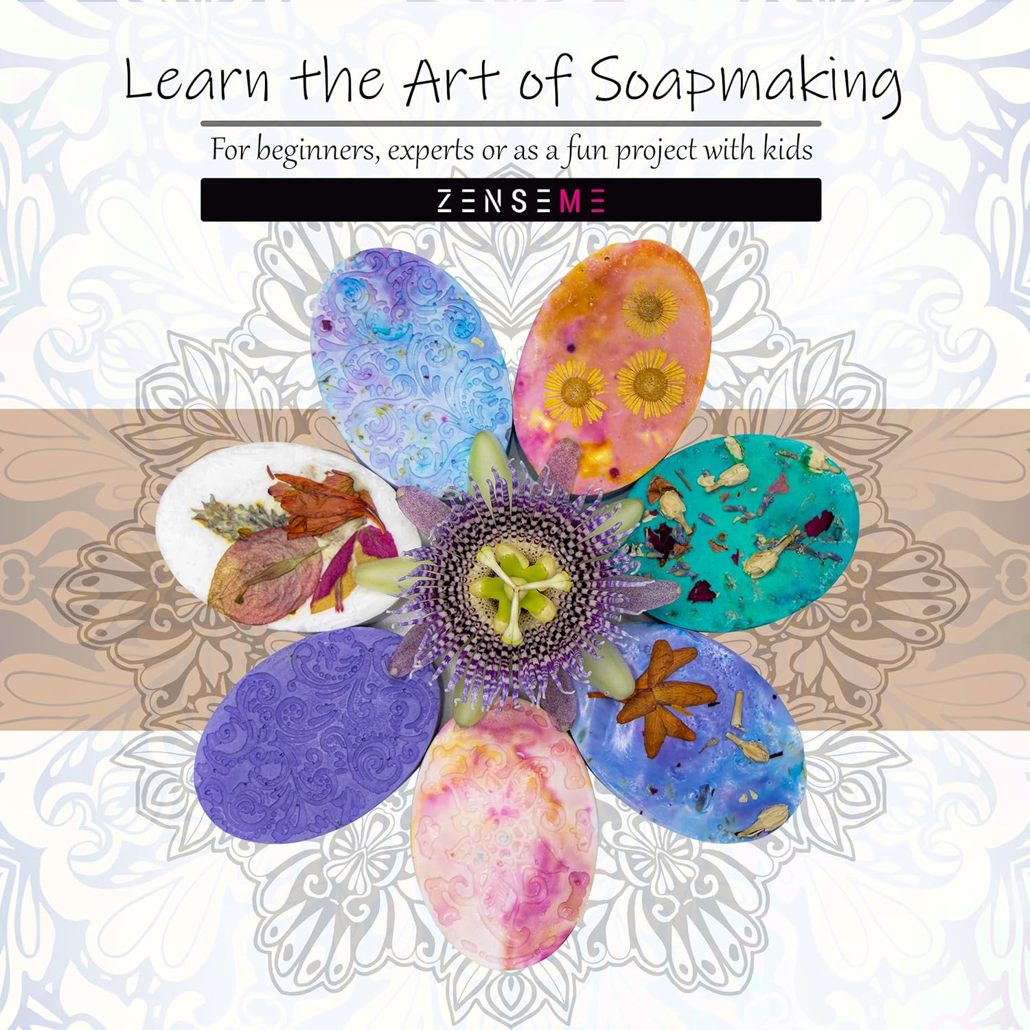 Colorful soap flowers with natural elements on a decorative background, promoting soapmaking with ZENSEME.