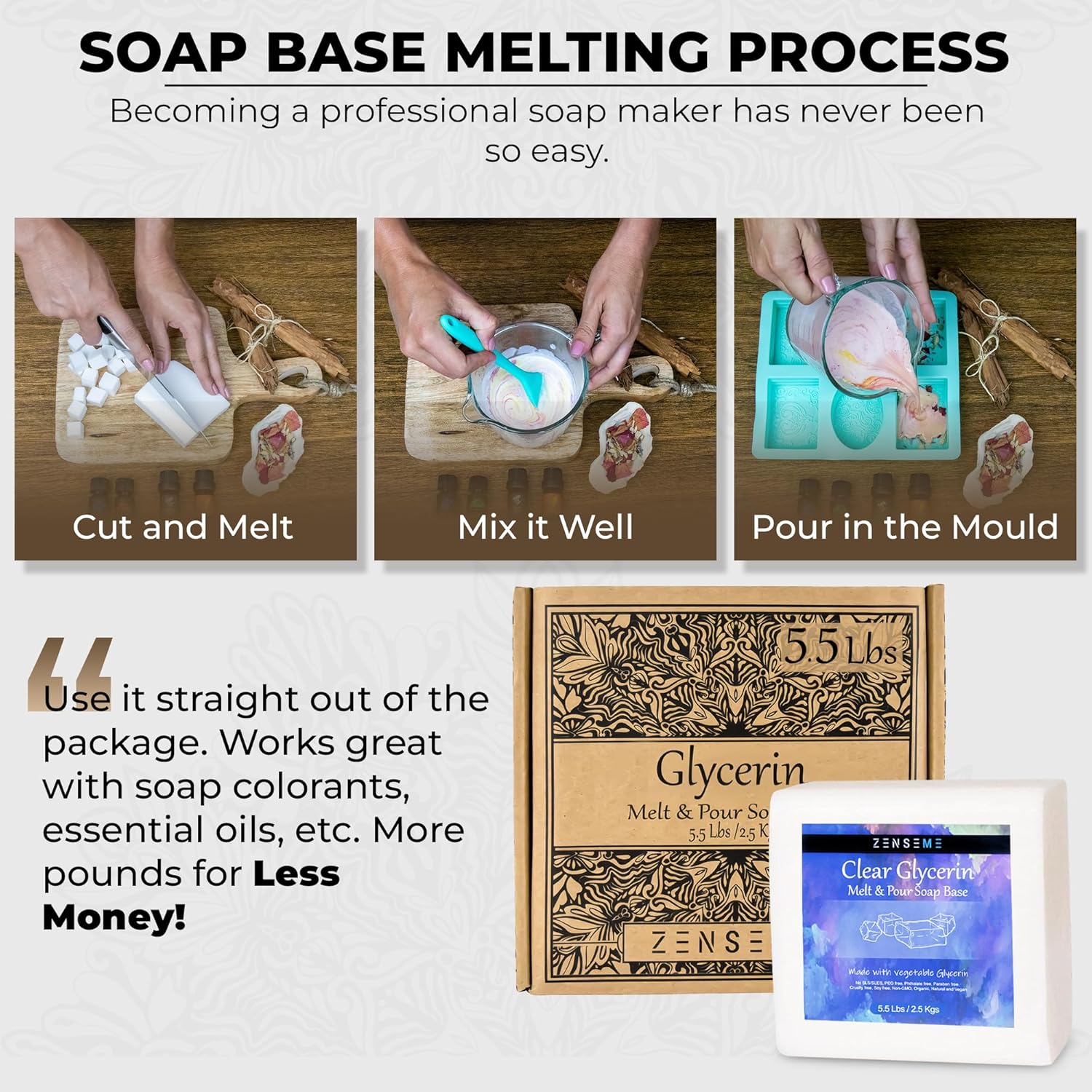 Soap base melting process with ZENSES Glycerin Melt & Pour Soap Base packaging.