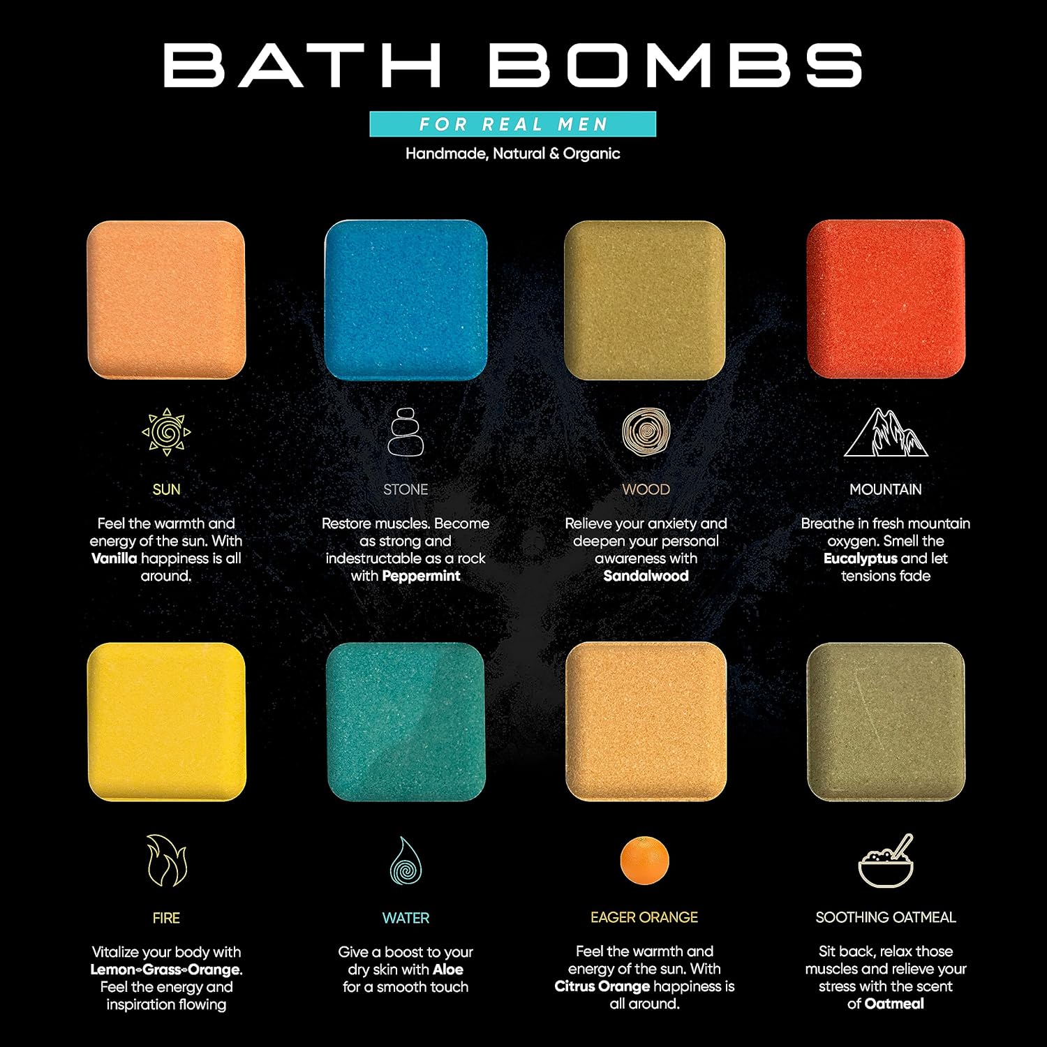Color swatches of bath bombs with descriptive text on a black background
