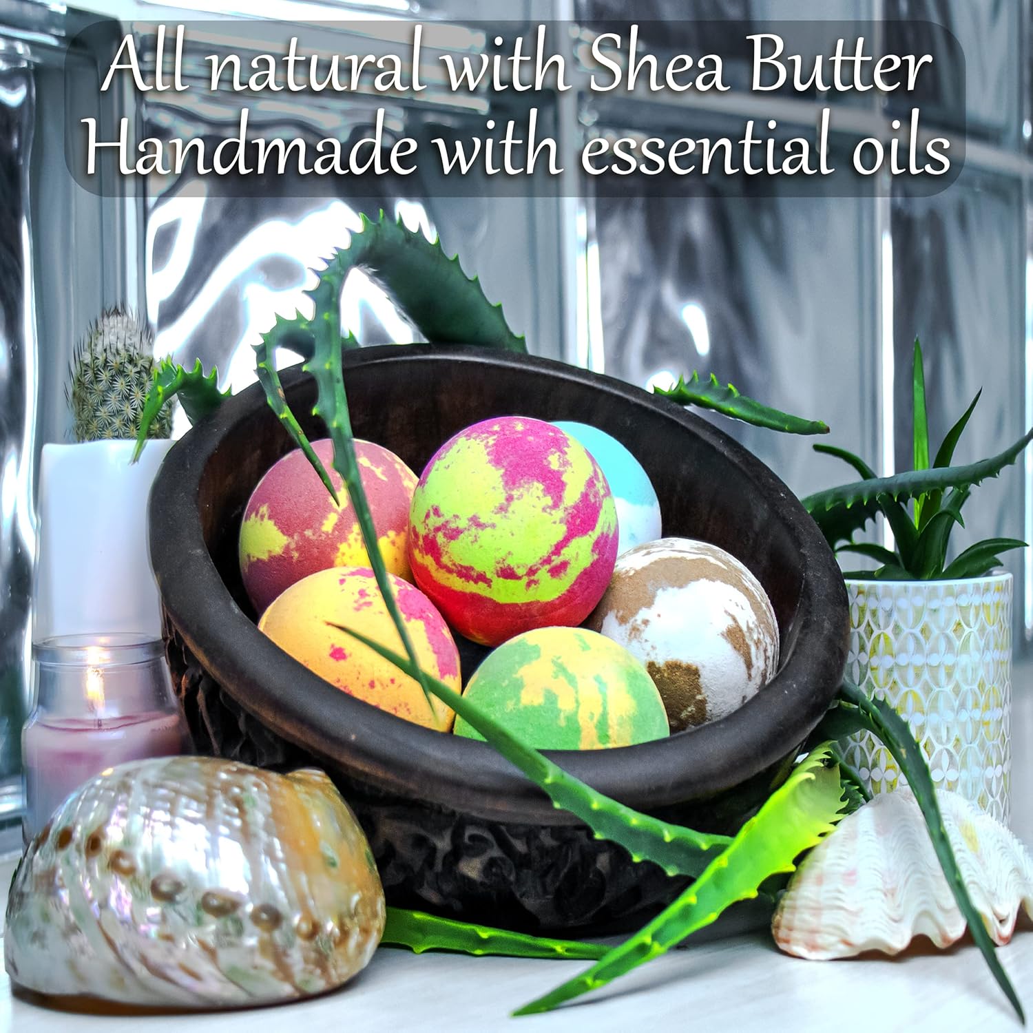 Colorful bath bombs in a wooden bowl with natural elements and text about being all natural with Shea Butter and essential oils.