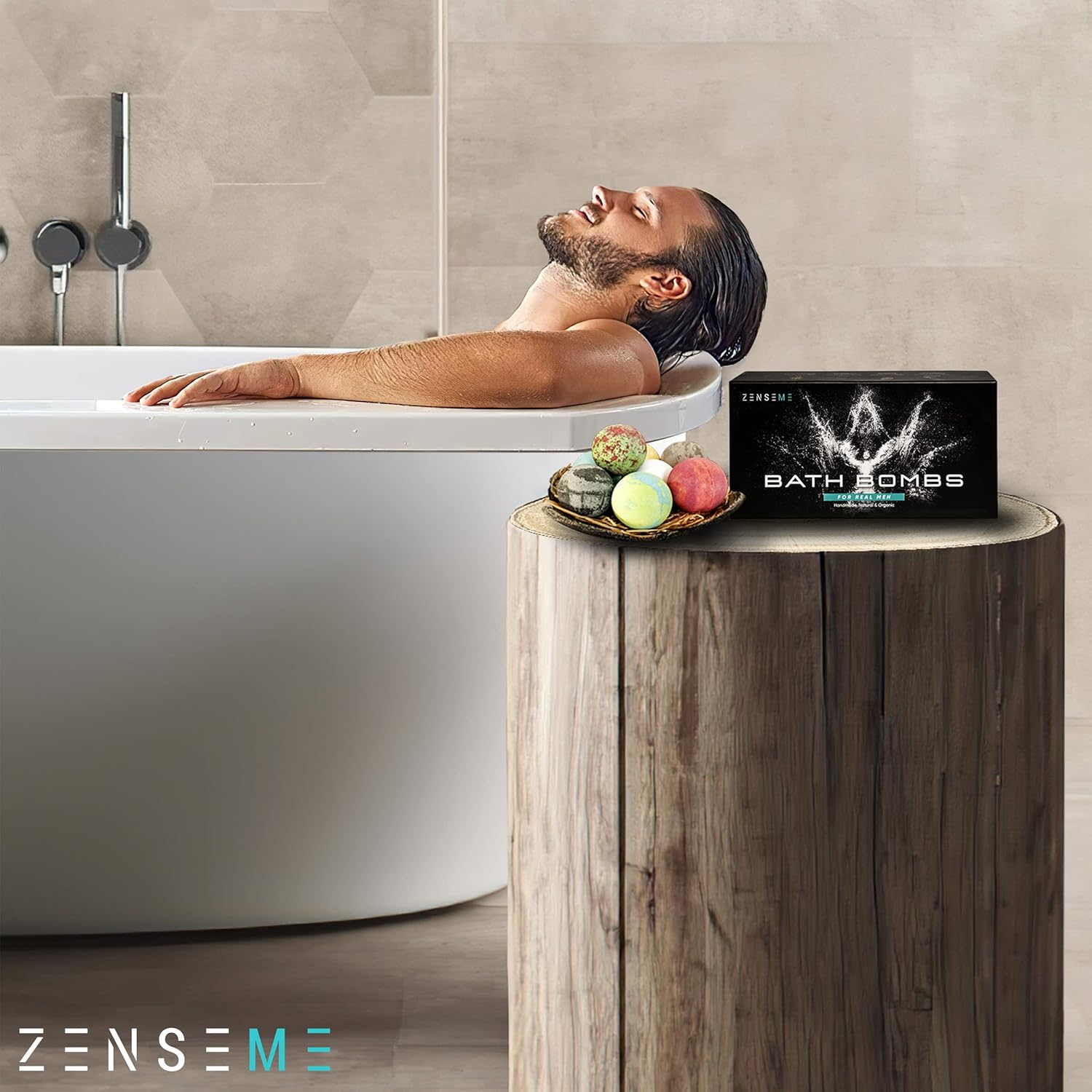 Man relaxing in a bathtub with bath bombs and Zenseme branding.