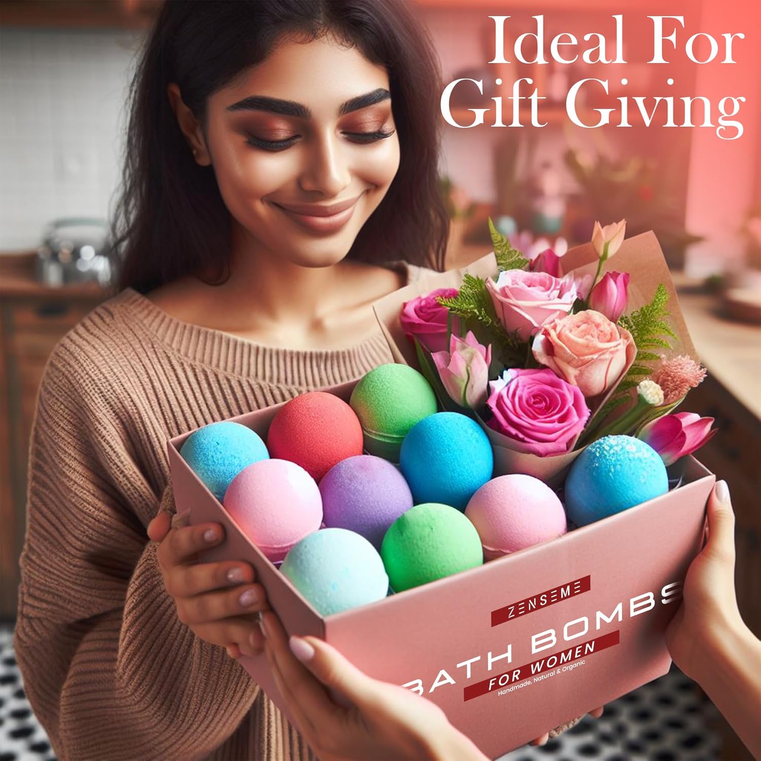 Woman holding a box of bath bombs with flowers, labeled 'Ideal For Gift Giving'.