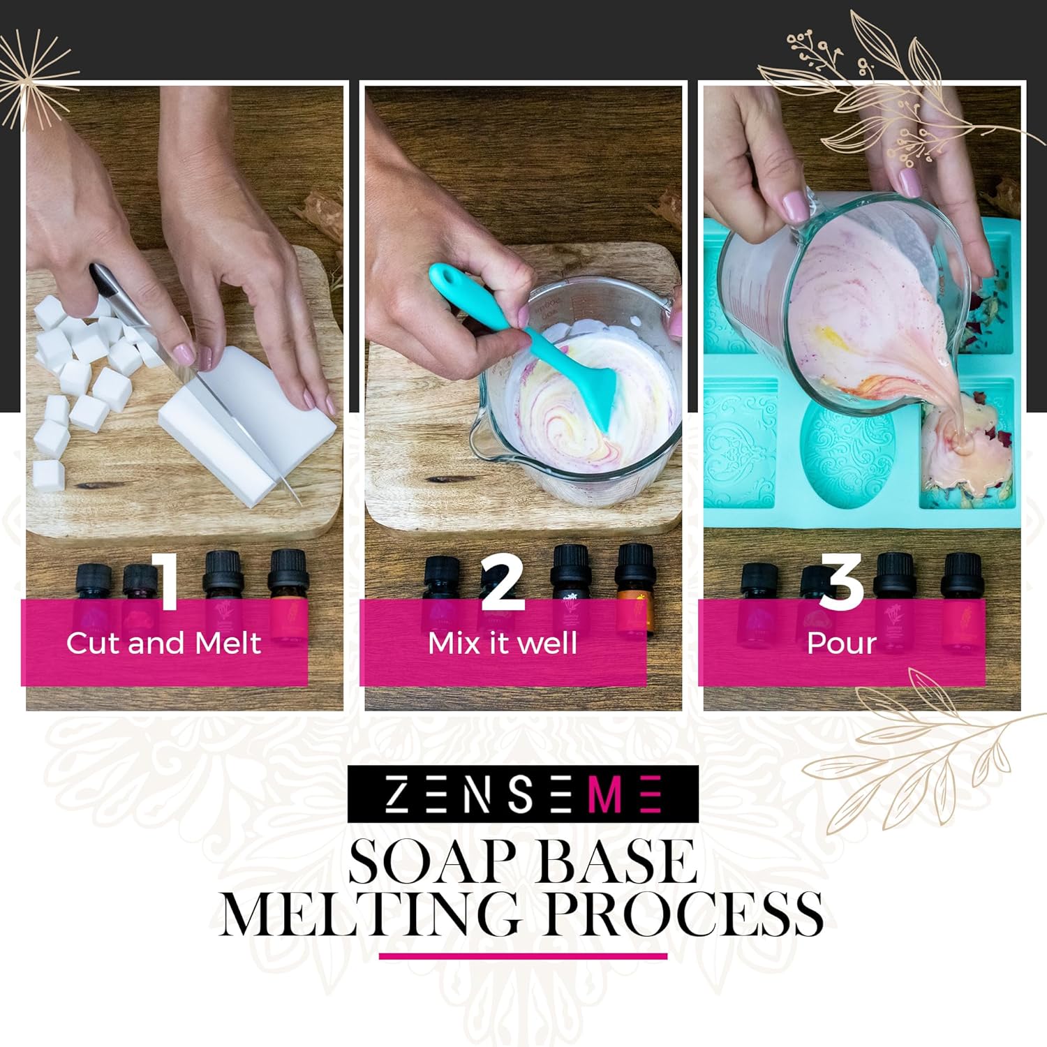 Step-by-step process of soap base melting with Zense Me branding.