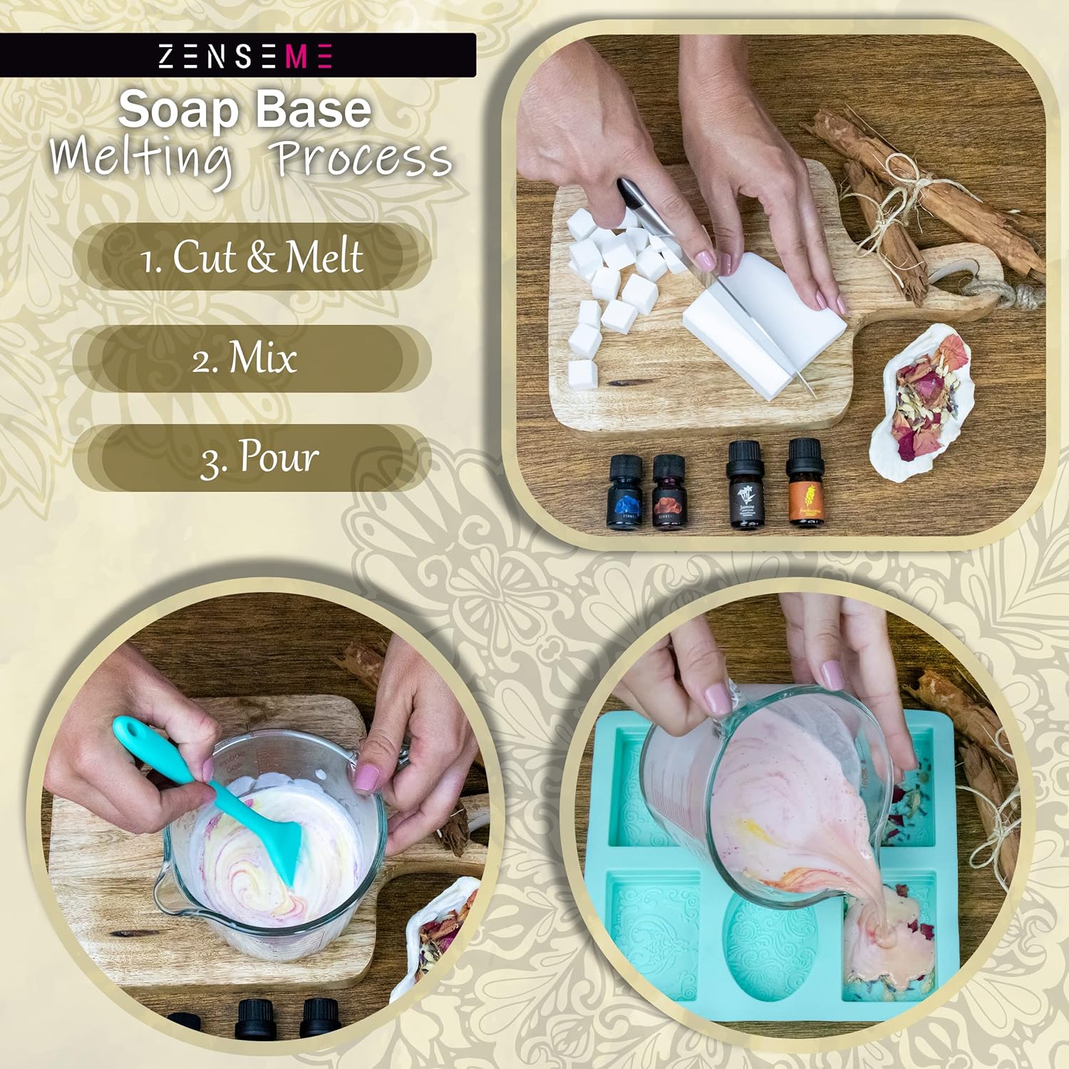 Soap making process with ZENSEME branding 
