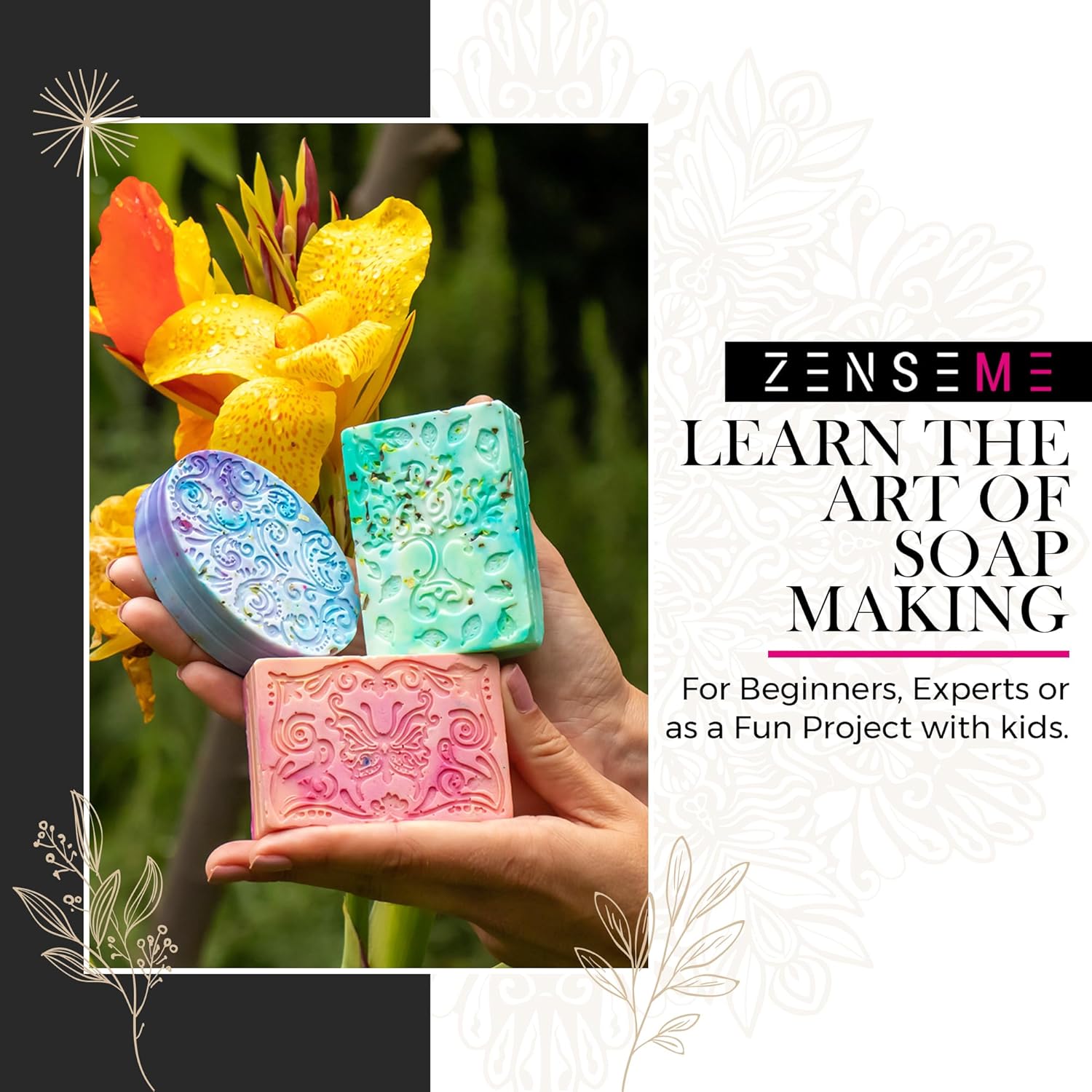 Colorful soap bars with decorative designs held by a hand, against a natural background with flowers.