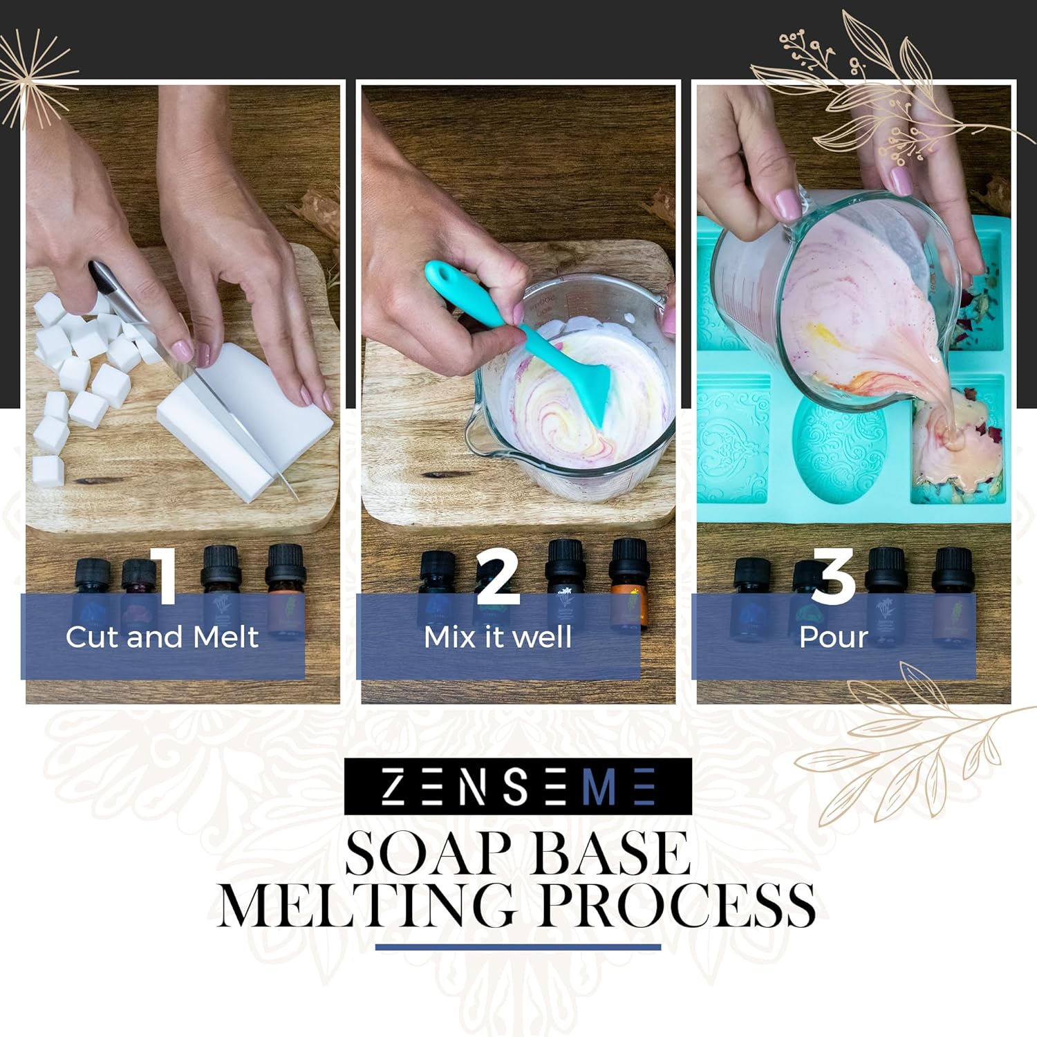 Step-by-step process of soap base melting with ZENSEME branding.
